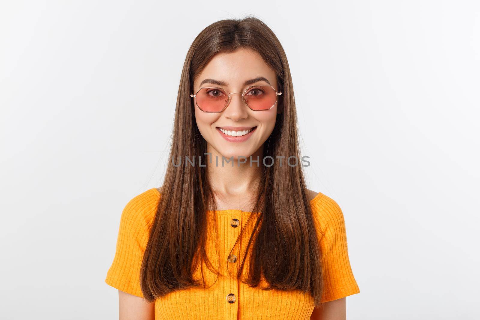 Fashion girl hipster in glasses. White background isolated. by Benzoix