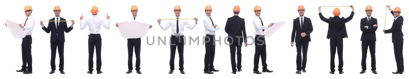 panoramic photo collage of confident architect isolated on white background