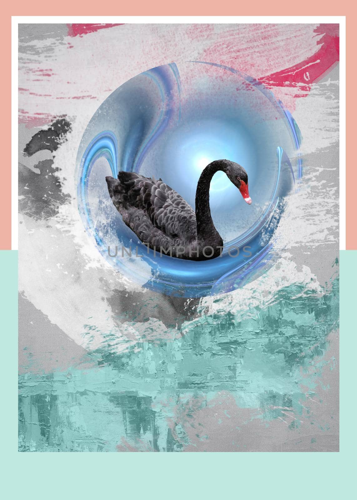 An abstract collage in a frame depicts a black Swan floating in a blue ball.