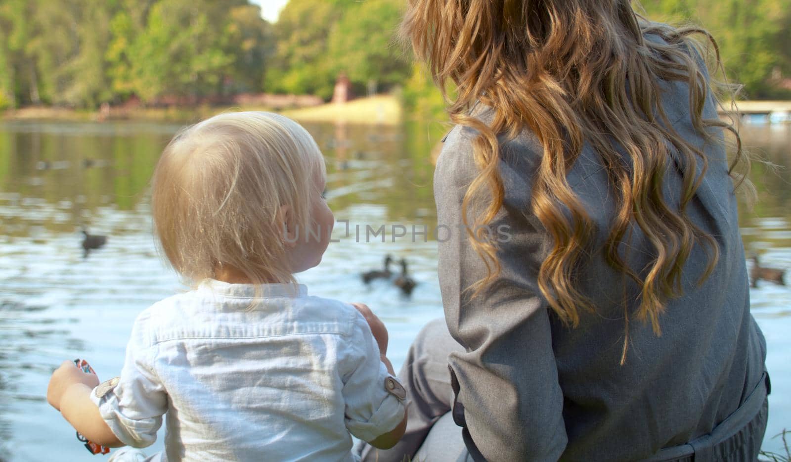 A young mother and her toddler are feeding the ducks on a lake in the park. They are sitting on the grass. Rear view