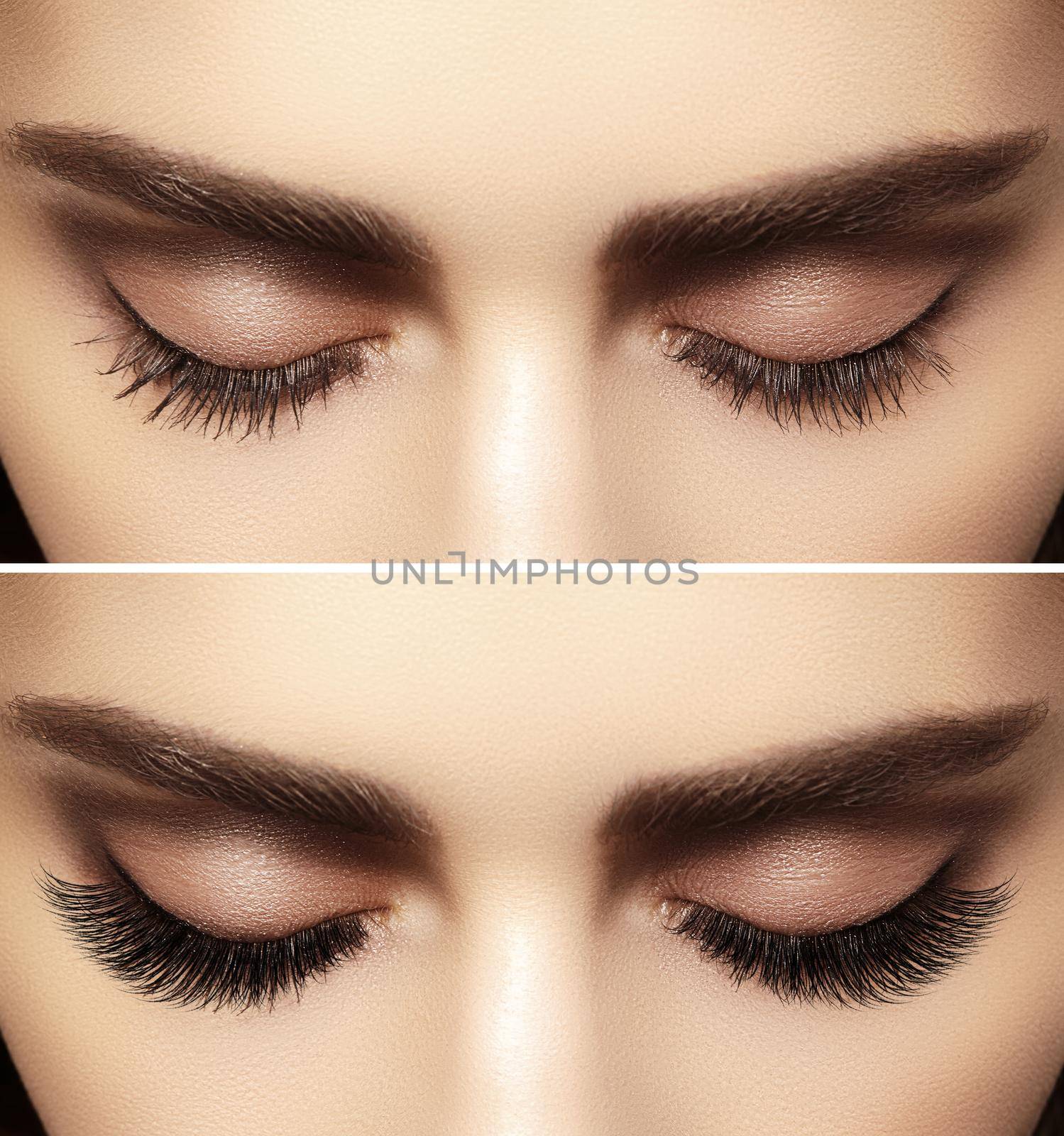 Beautiful macro shot of female eye with classic smoky makeup. Perfect shape of eyebrows, brown eyeshadows and long eyelashes.Closeup macro shot of fashion smoky eyes visage. Before and after