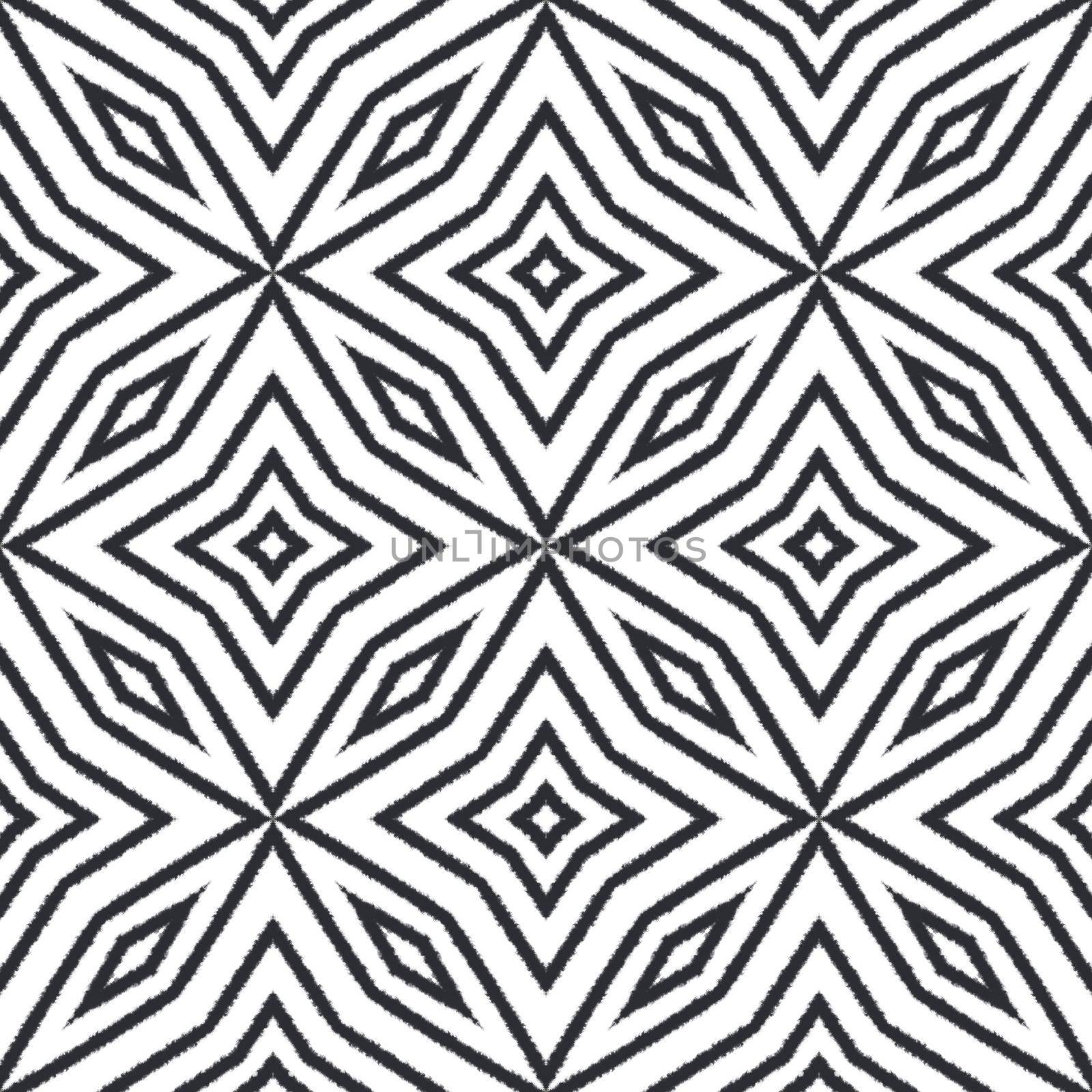 Striped hand drawn pattern. Black symmetrical kaleidoscope background. Repeating striped hand drawn tile. Textile ready cute print, swimwear fabric, wallpaper, wrapping.