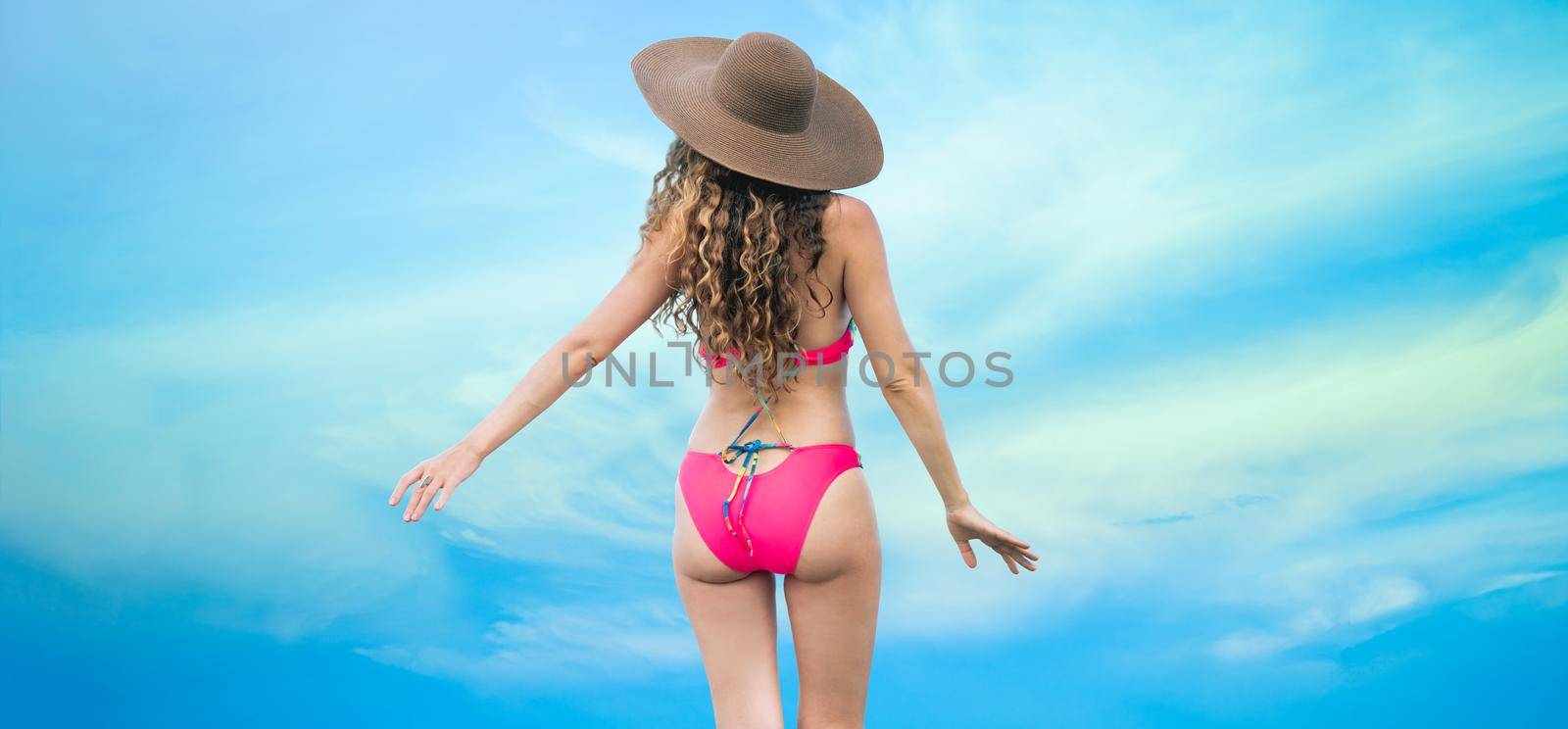 Woman in swimsuit posing on color background. by biancoblue