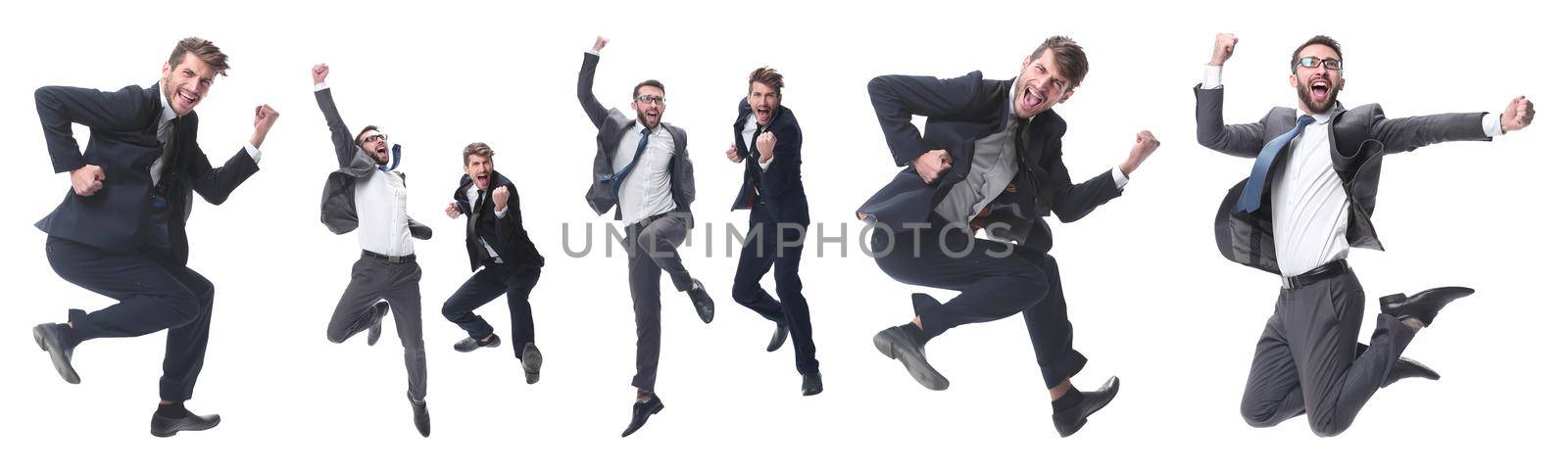 in full growth. two cheerful dancing business people. isolated on white background.