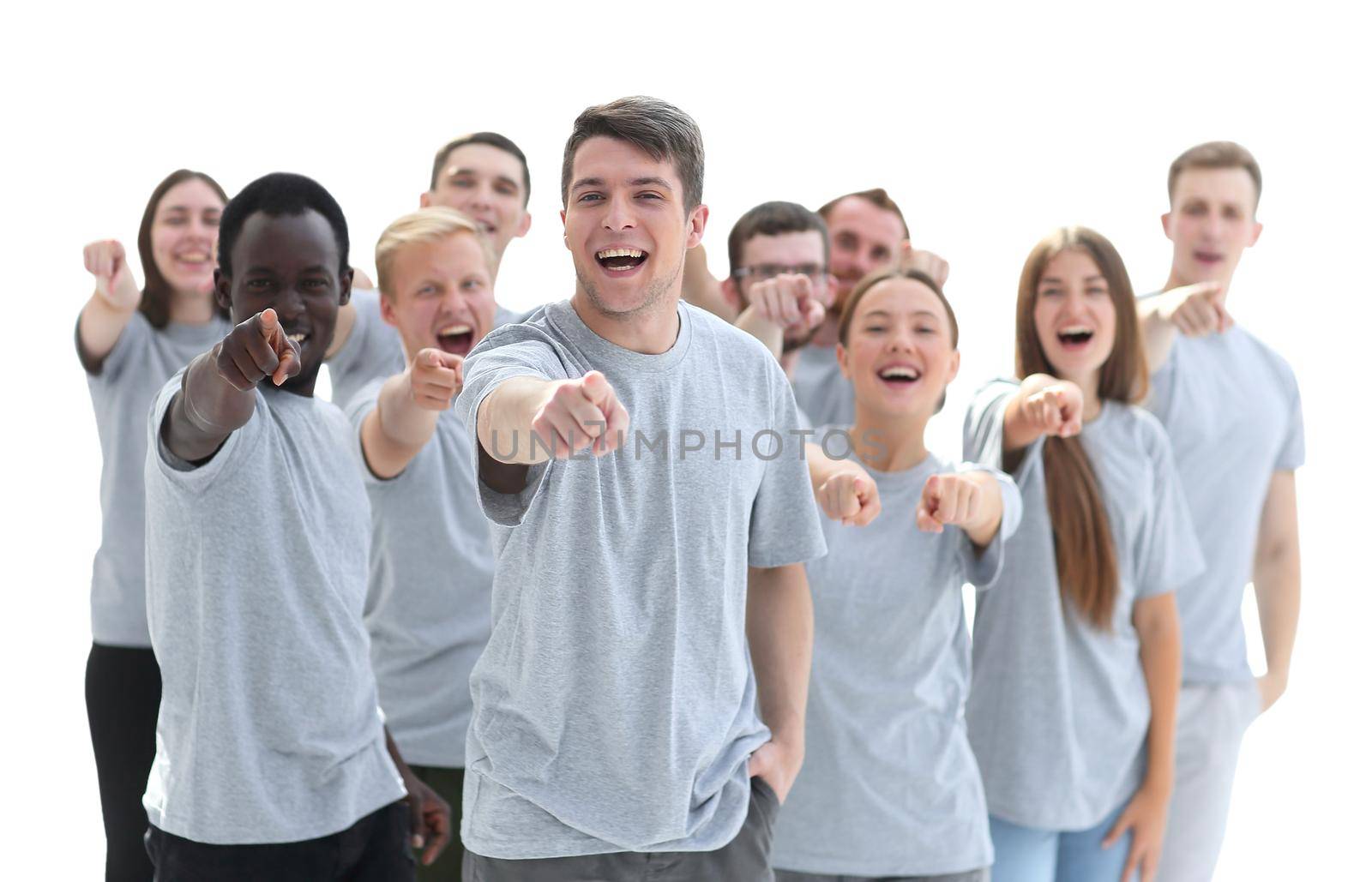 group of confident young men pointing at you by asdf