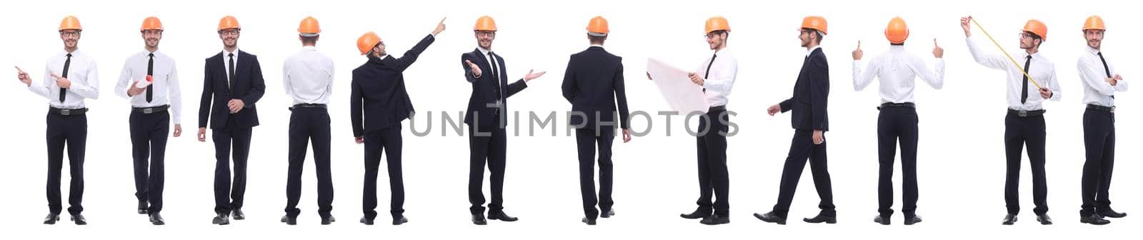 panoramic photo collage of confident architect isolated on white background