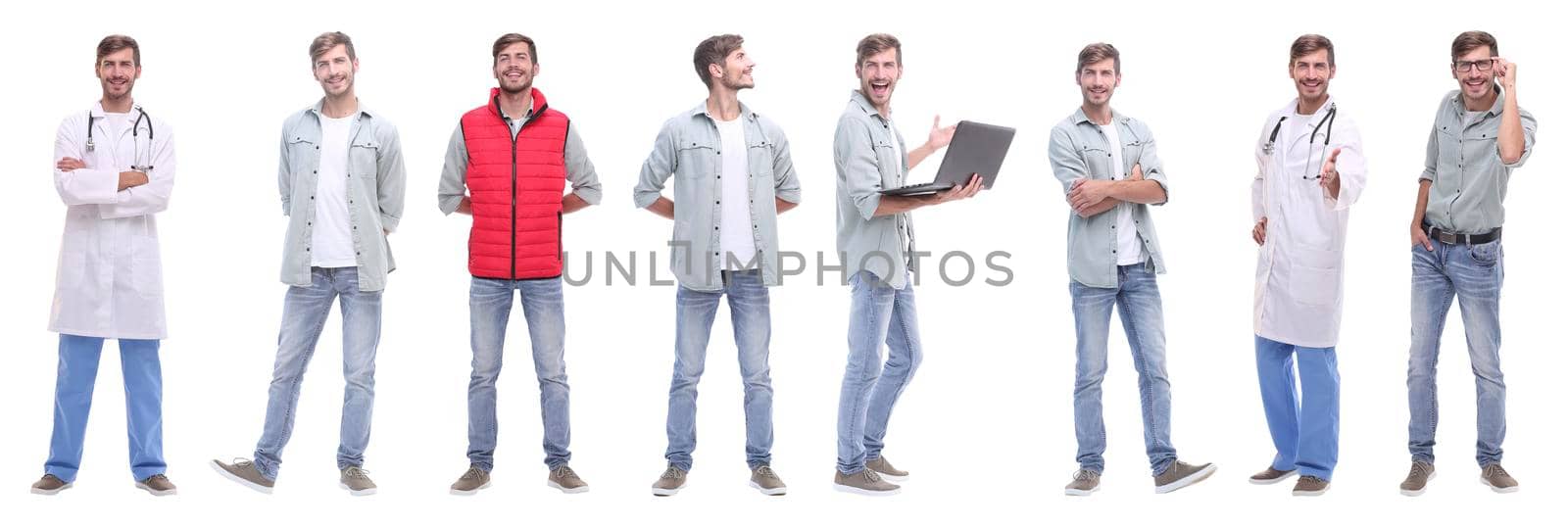 collage doctor and young man isolated on white background