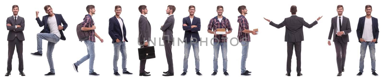 panoramic collage of self-motivated young man .isolated on white background