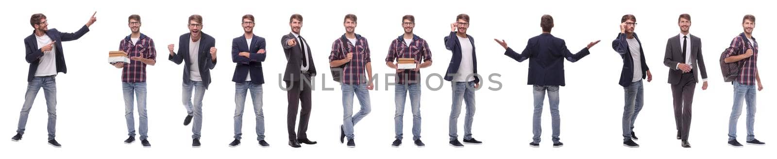 panoramic collage of self-motivated young man .isolated on white background