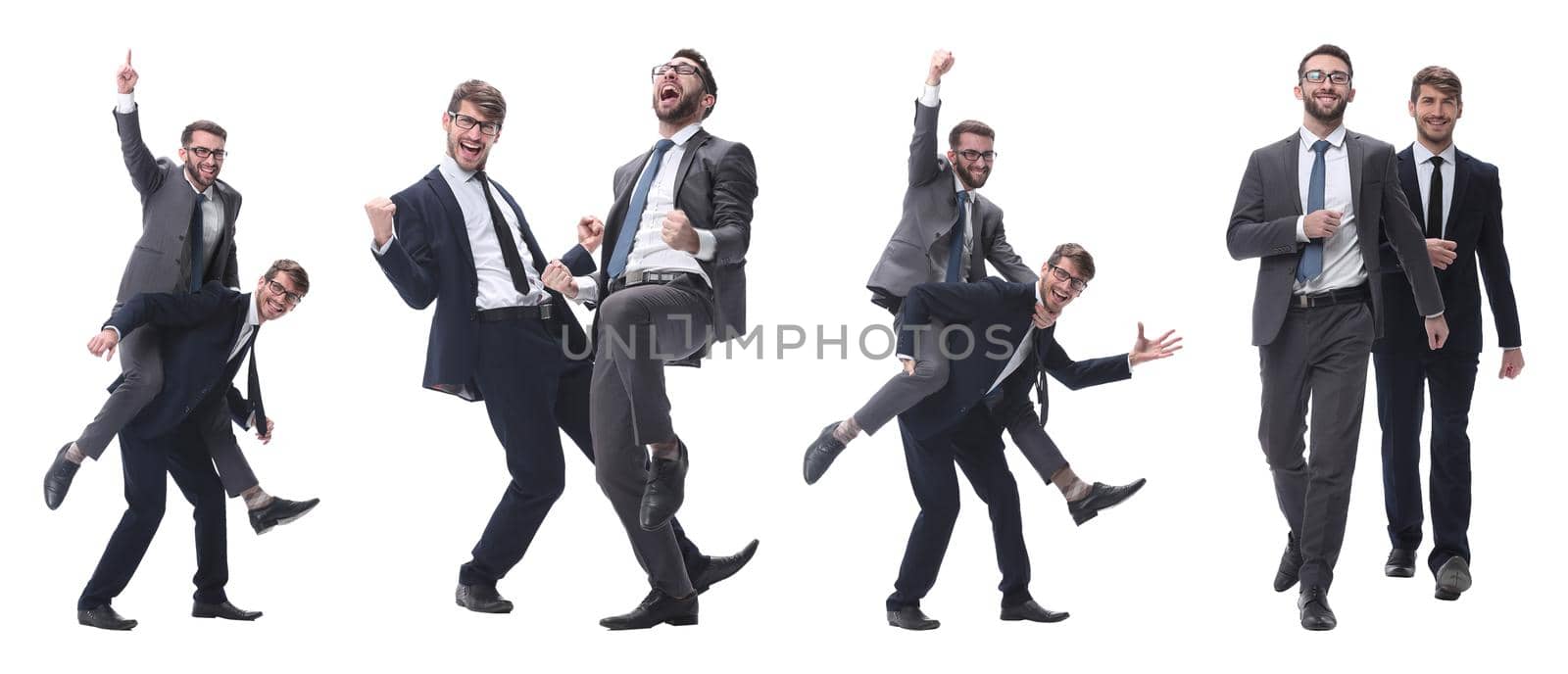 smiling businessman sitting on the back of his colleague . isolated on white background.