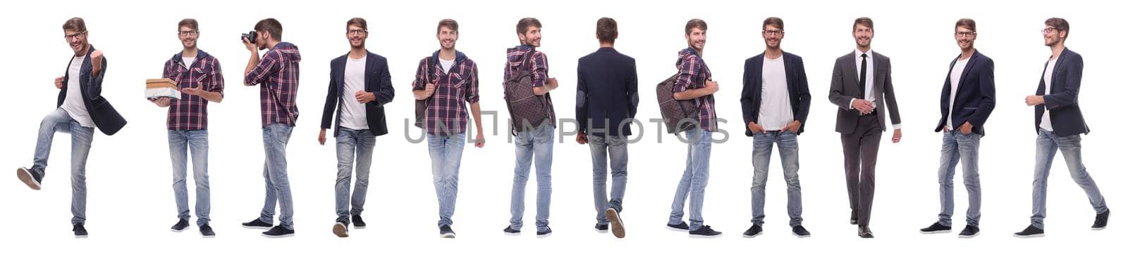 panoramic collage of self-motivated young man .isolated on white background