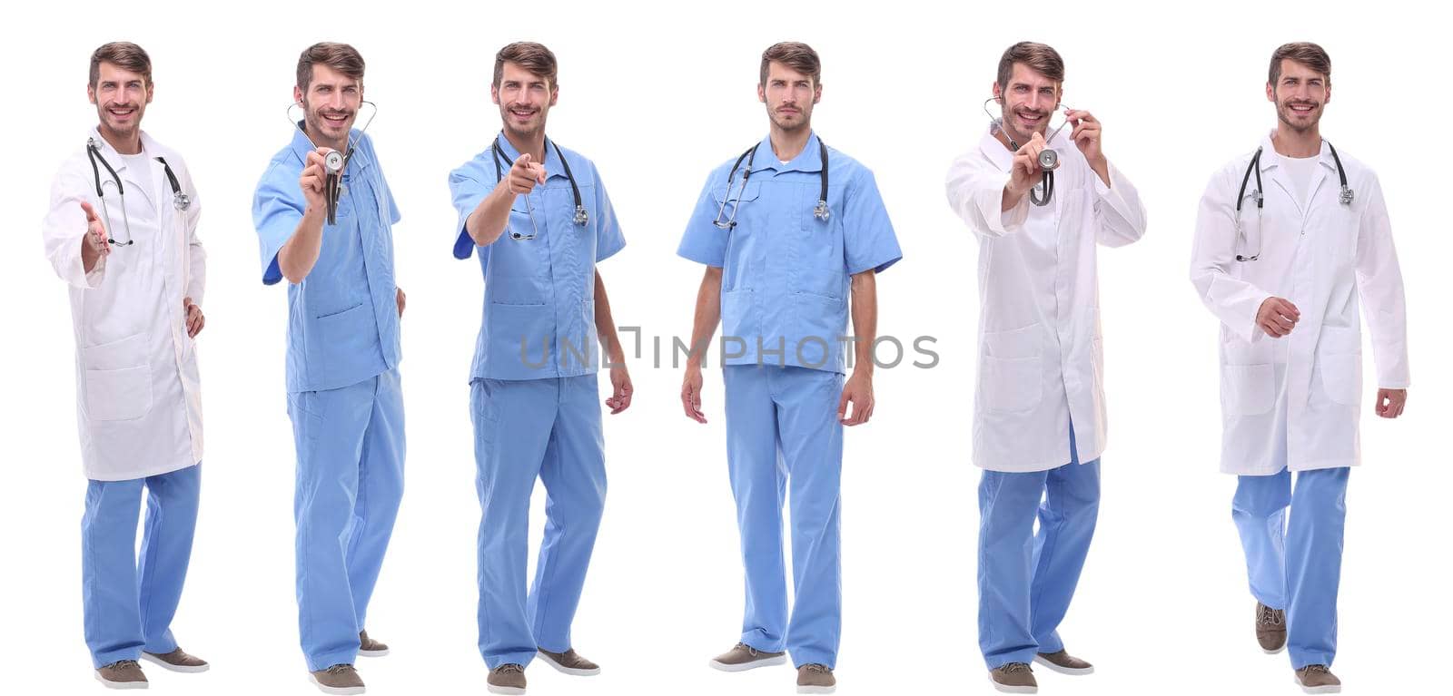 group of medical doctors standing in a row . isolated on white background