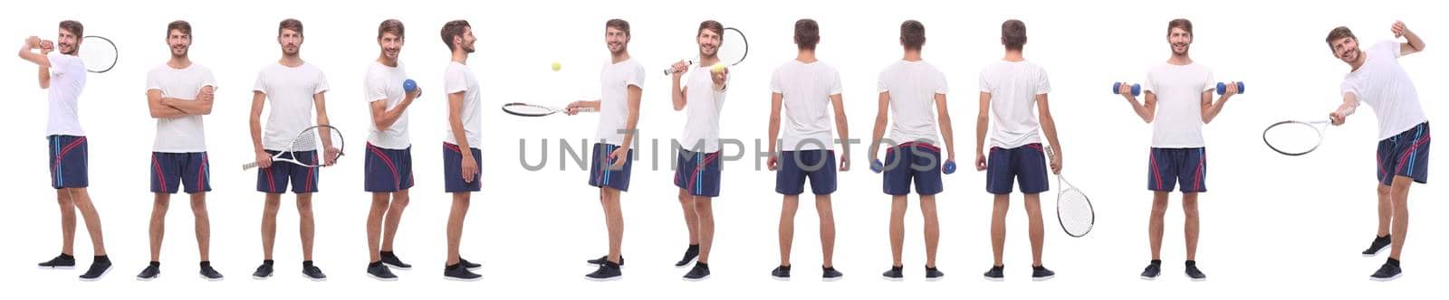 panoramic collage of male handyman isolated on white background.