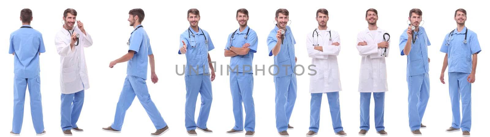 panoramic collage group of medical doctors . isolated on white background