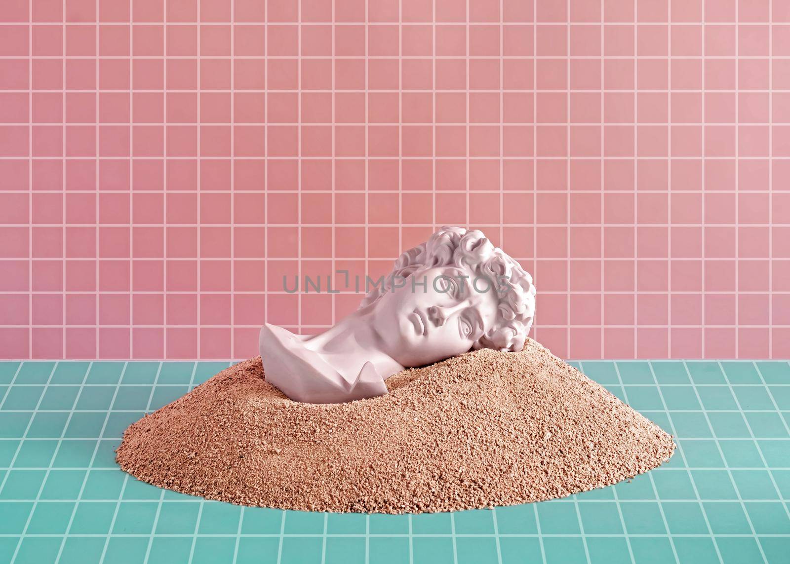 Sculpture of Michelangelo's David's head lies and dreams in the sand and futuristic digital background NFT and vaporwave. Minimal pastel concept of archeology and metaverse and cyberpunk pop.
