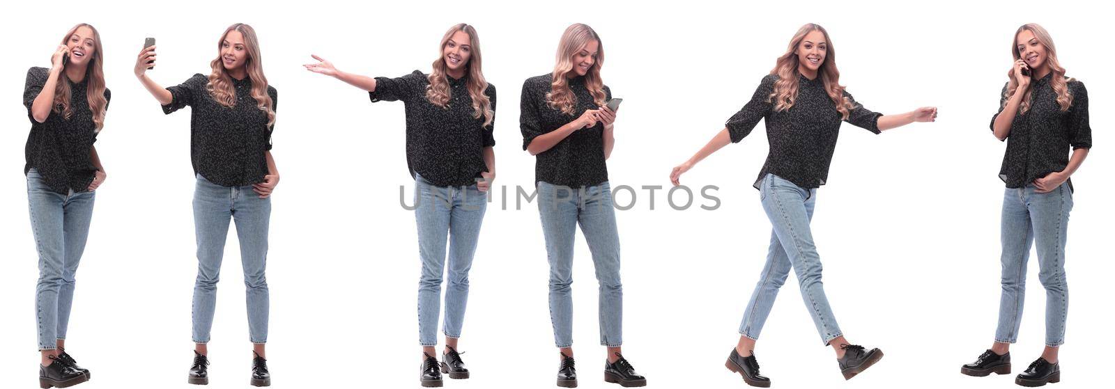 collage of photos of a cute young woman. isolated on a white background