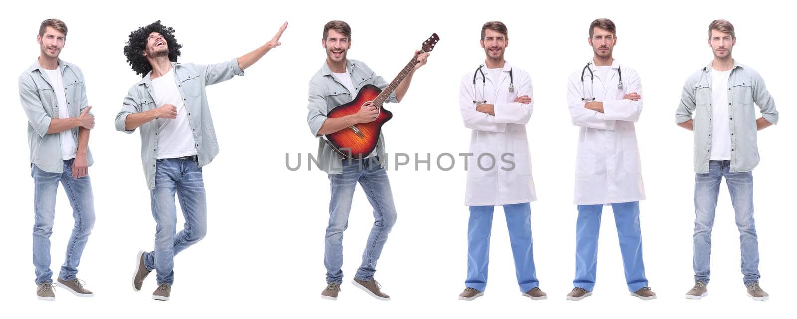 collage doctor and young man isolated on white background