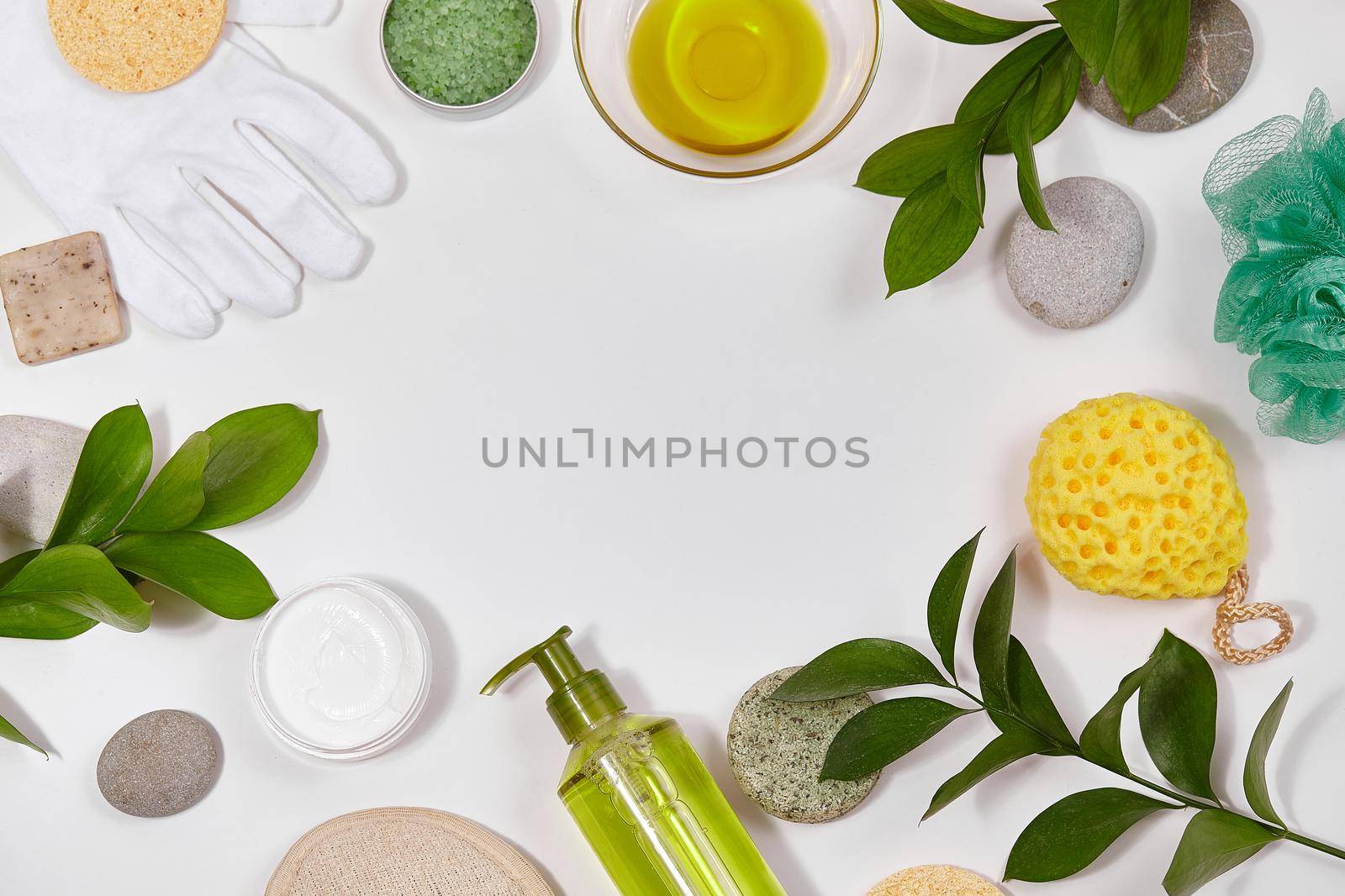 Spa background with Bath Accessories, Face and Body care. Set for personal care. Clean skin with brush, routine things. Spring picture on white background