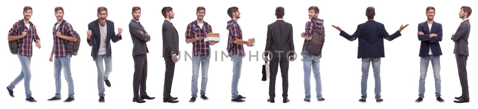 panoramic collage of self-motivated young man .isolated on white background