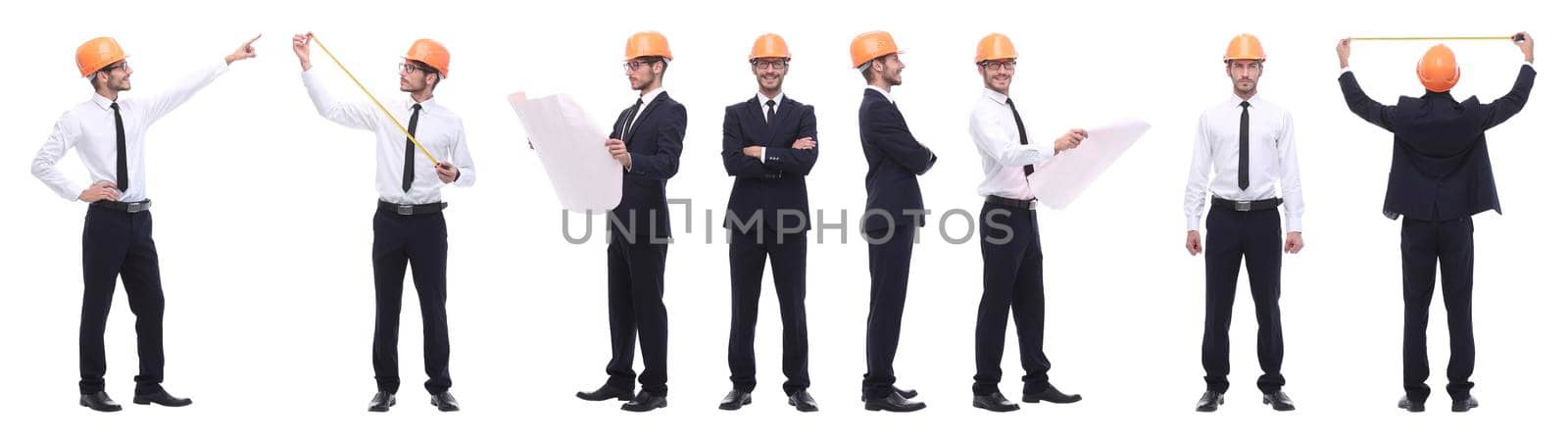 panoramic photo collage of qualified architect isolated on white background