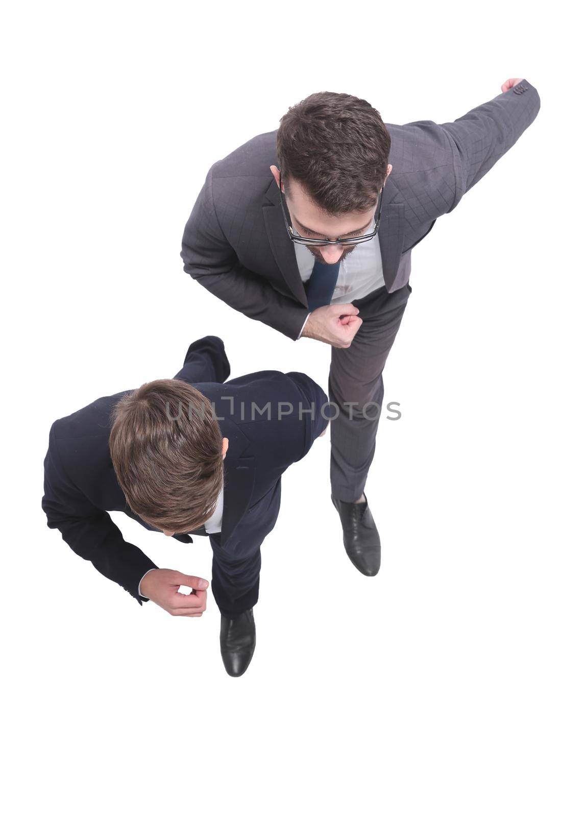 top view. two business people stepping forward. isolated on white background