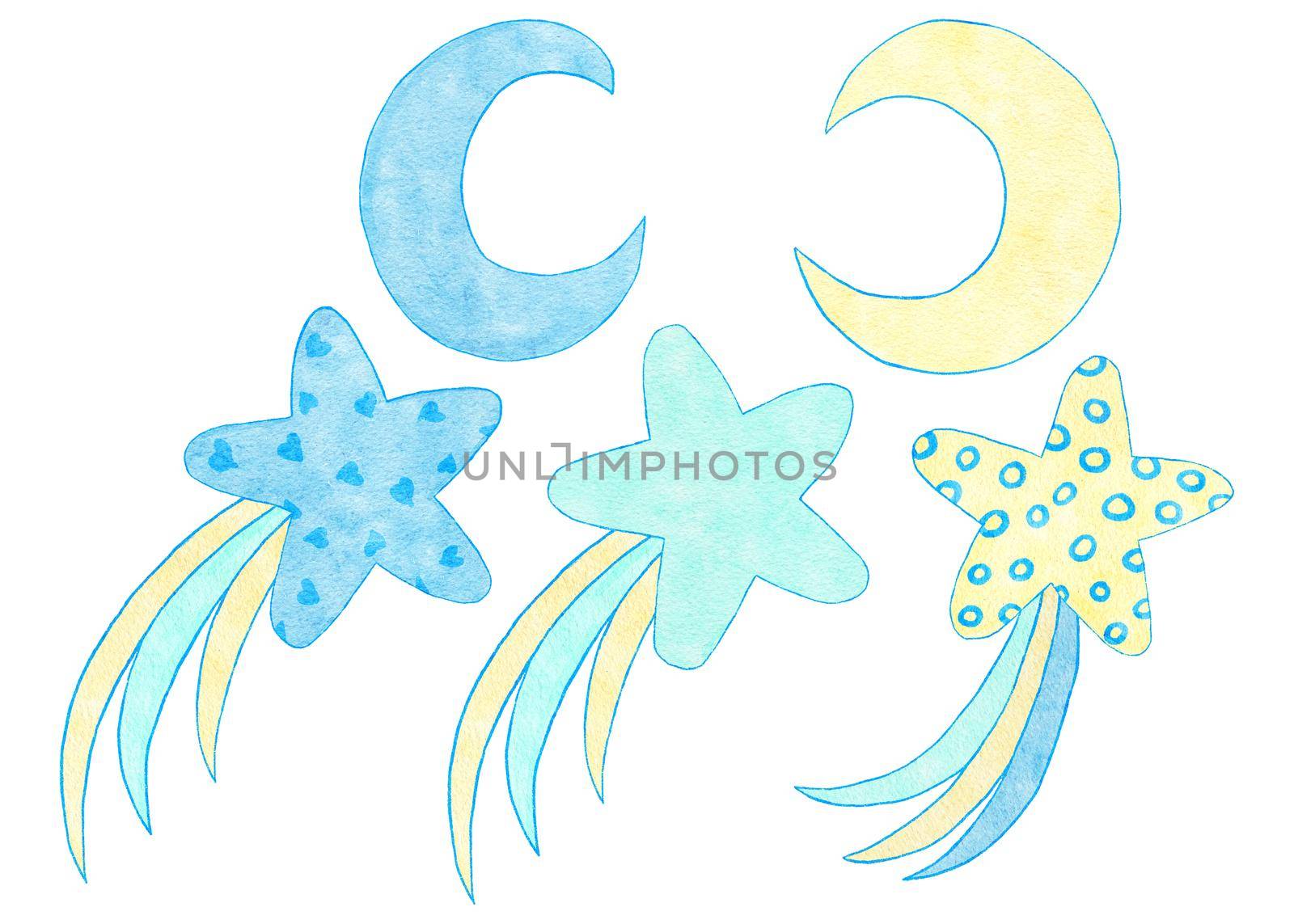 Watercolor hand drawn illustration of blue yellow cute celestial stars moon night sleep. Boy baby shower design for invitations greeting party, nursery clipart is soft pastelcolors modern minimalist print for kids children. by Lagmar