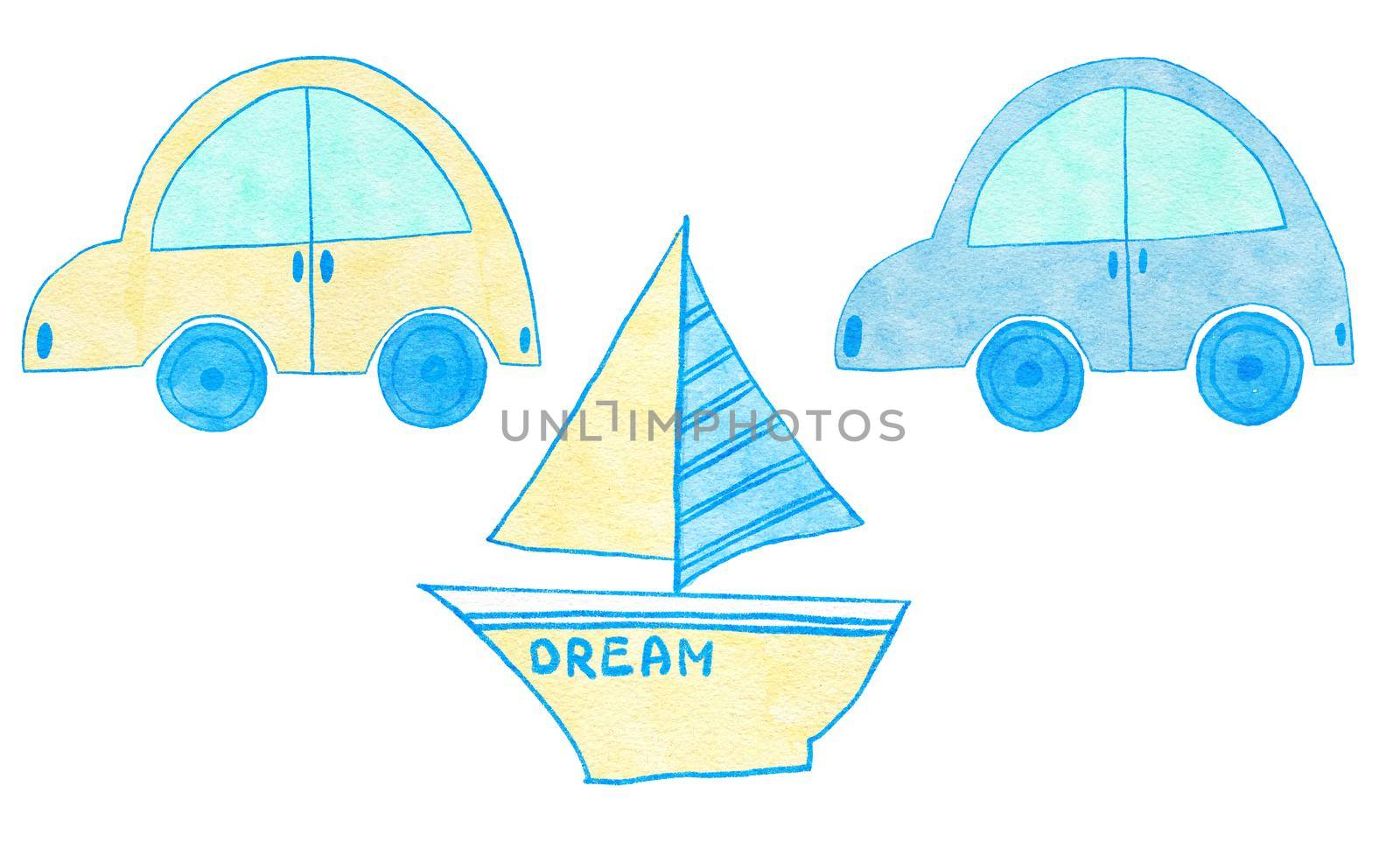 Watercolor hand drawn illustration of blue yellow cute car automobile yacht transport. Boy baby shower design for invitations greeting party, nursery clipart is soft pastelcolors modern minimalist print for kids children