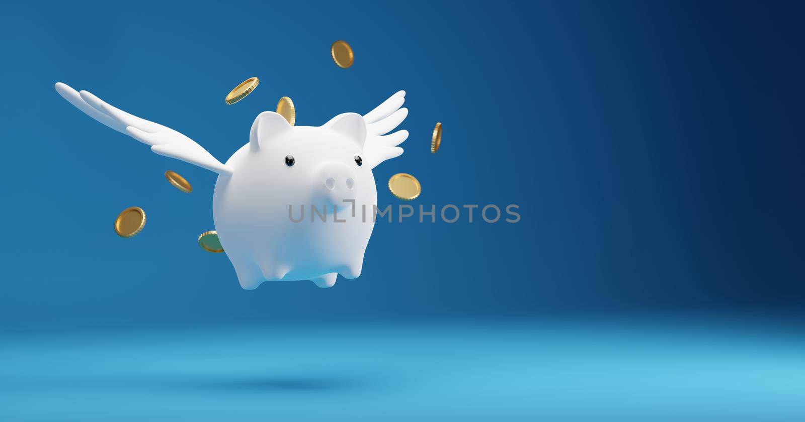 Savings concept design of piggy bank with wings flying and gold coins on blue background 3D render by Myimagine