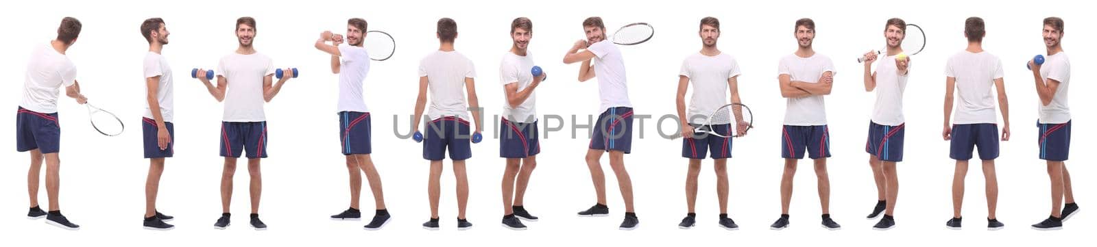 panoramic collage of male handyman isolated on white background.