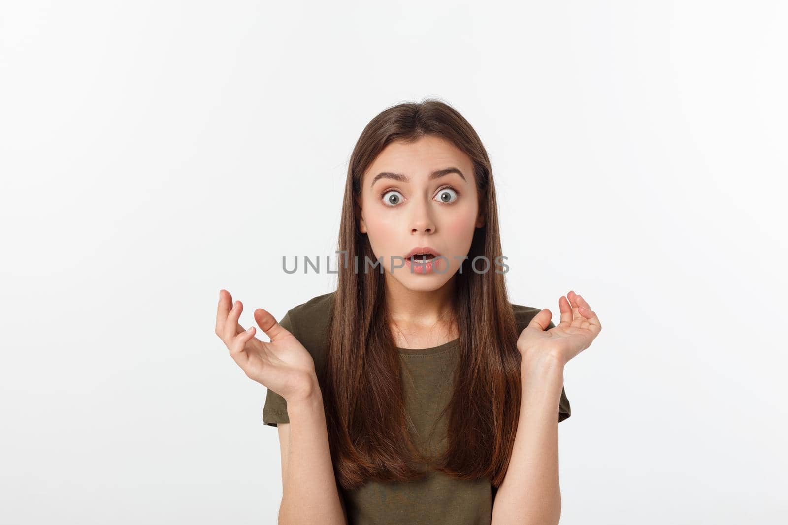 Close-up portrait of surprised beautiful girl holding her head in amazement and open-mouthed. Over white background.