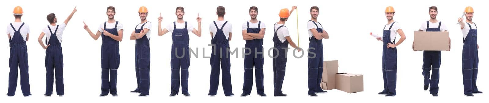 panoramic collage of skilled handyman isolated on white background.