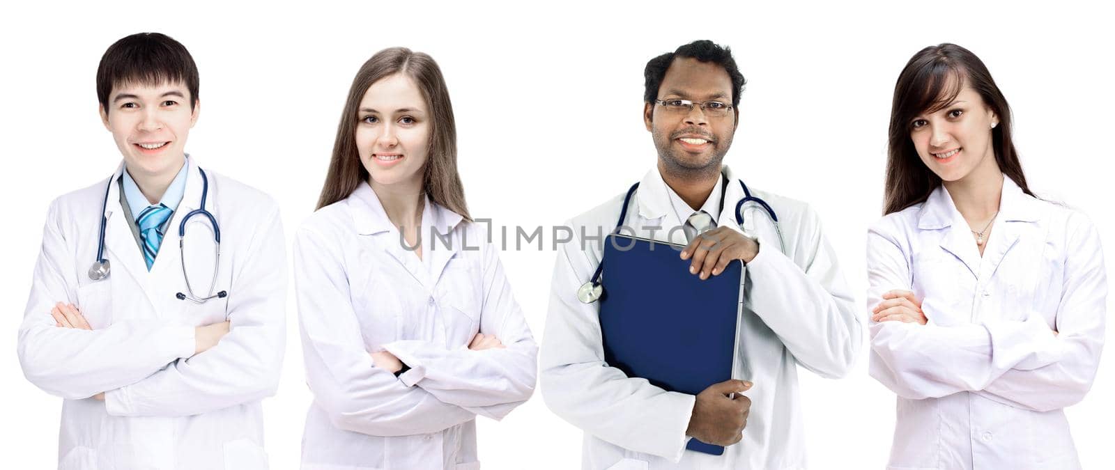 Portrait of group of smiling hospital colleagues standing together, isolated on white