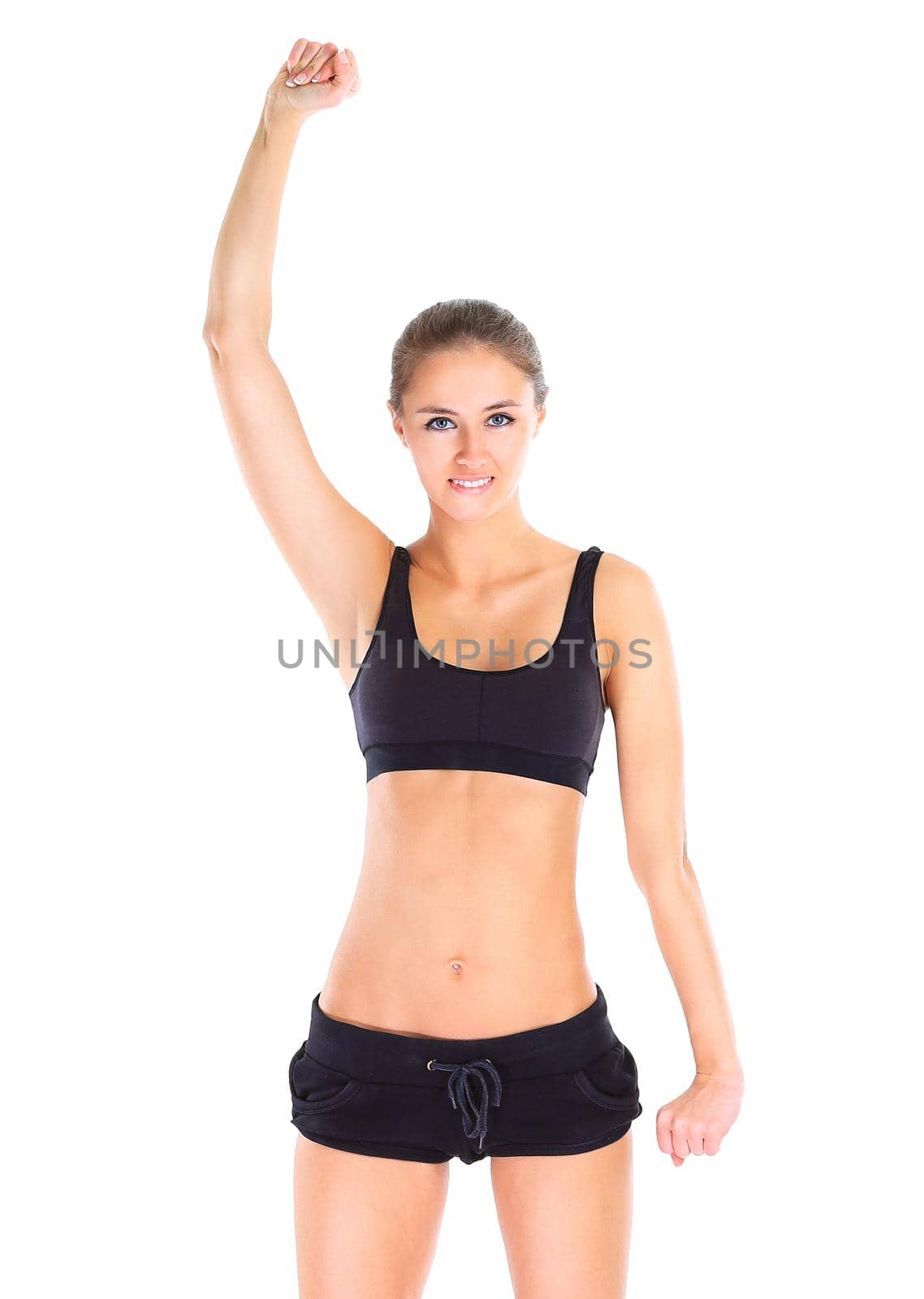 pretty brunette in black active wear on white background by SmartPhotoLab