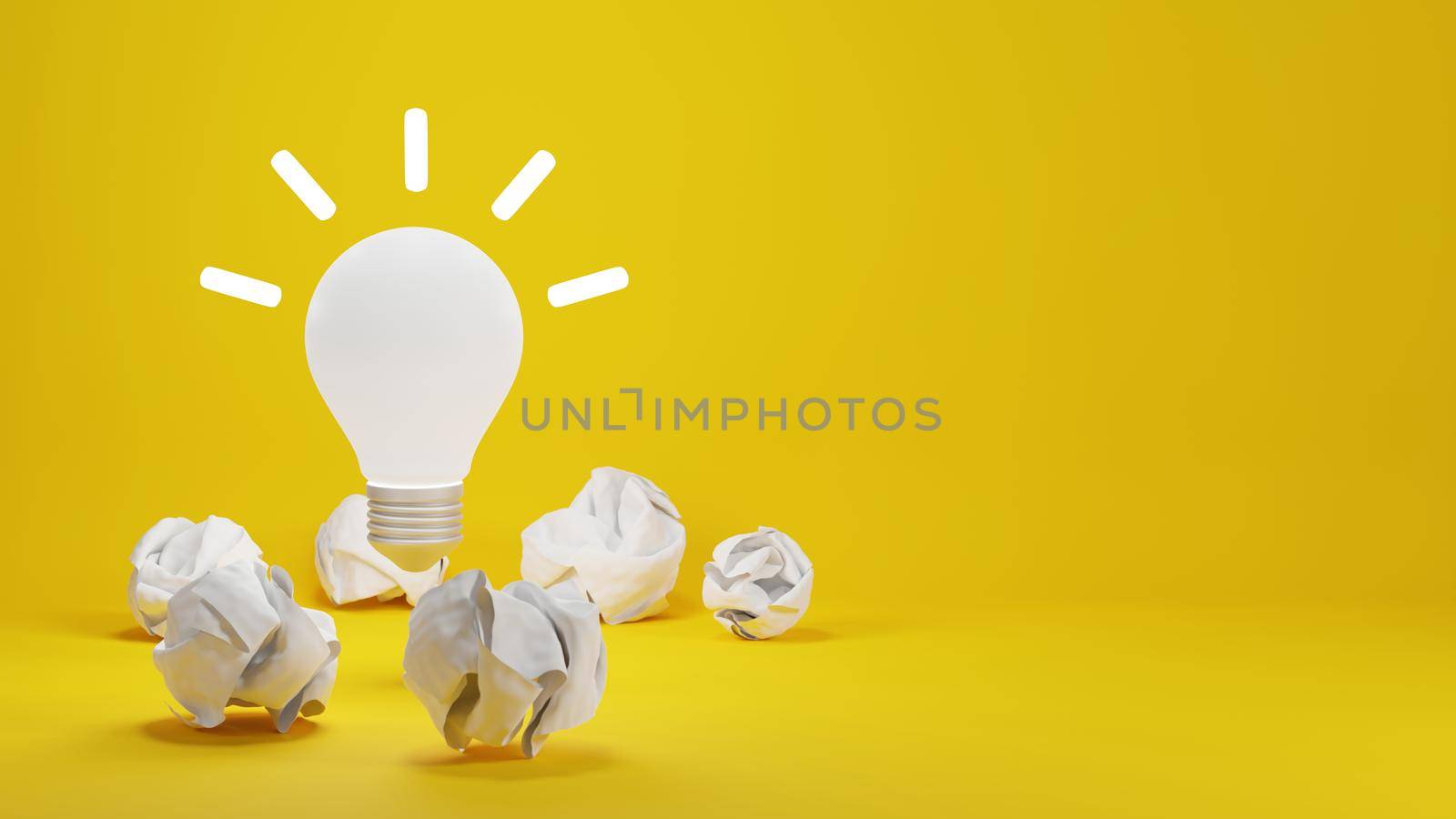 New idea concept design of lightbulb and crumpled paper on yellow background 3D render by Myimagine