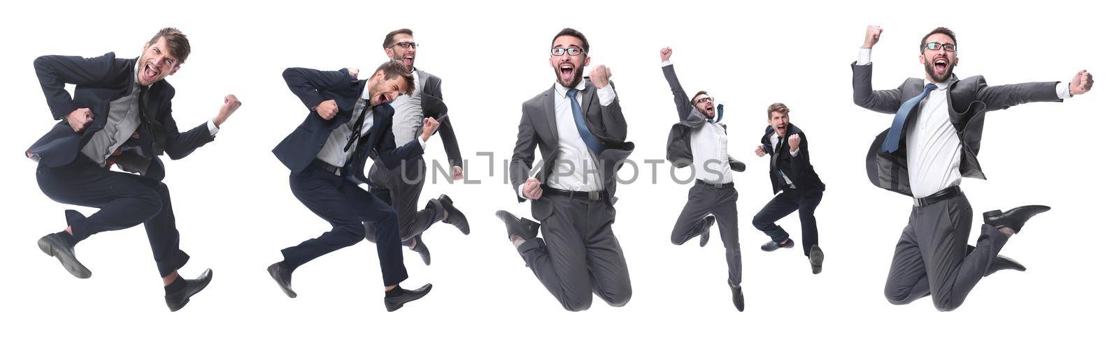 in full growth. two cheerful dancing business people. isolated on white background.