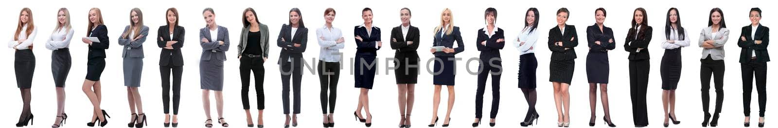 group of successful young businesswoman standing in a row. isolated on white background