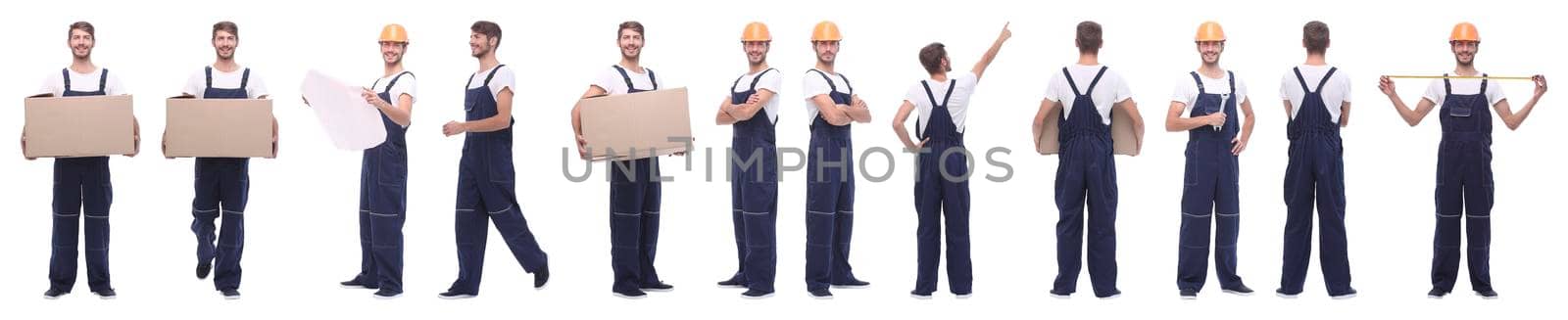 panoramic collage of skilled handyman isolated on white background.