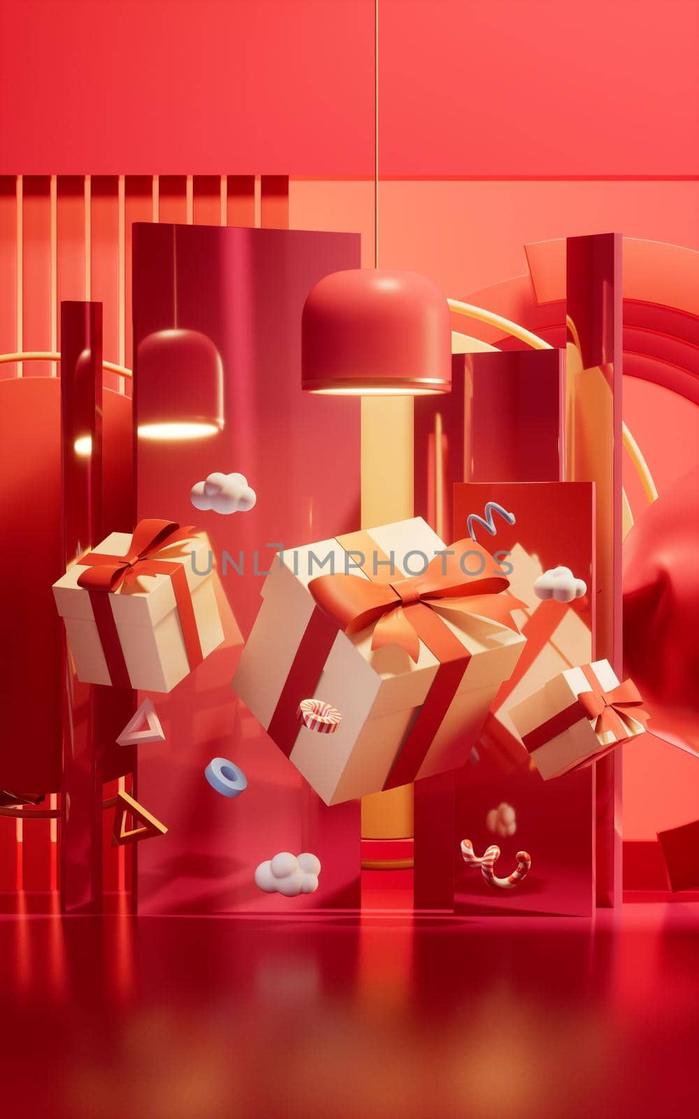 Gift box with red interior scene, 3d rendering. Computer digital drawing.