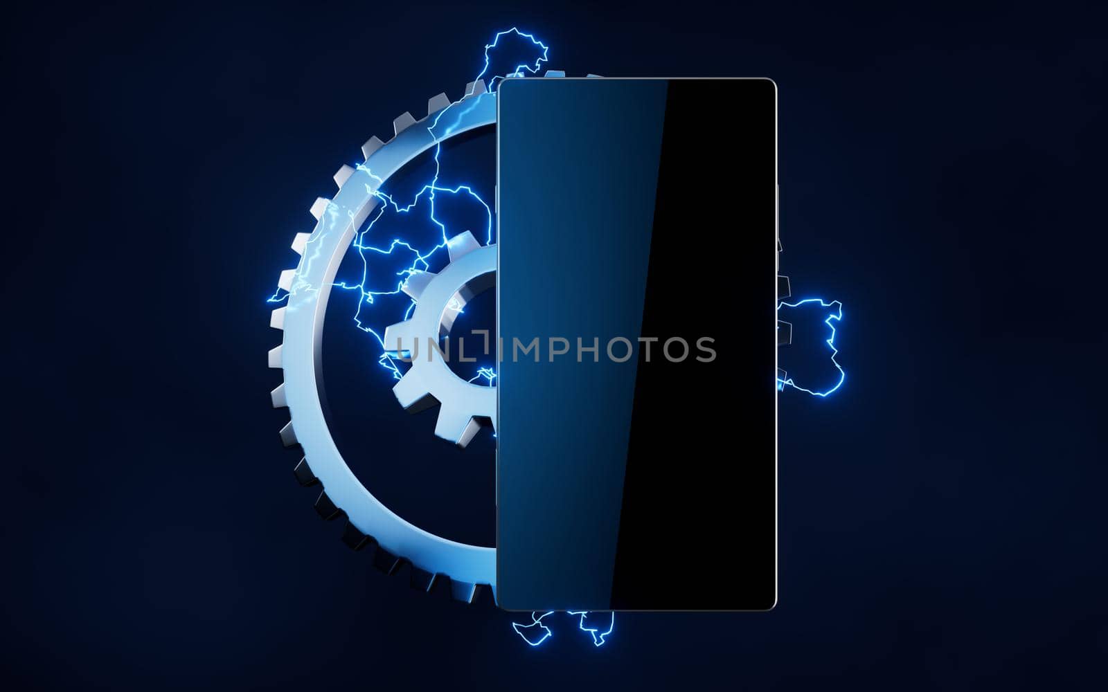 Mobile phone and gears with lightning effect, 3d rendering. Computer digital drawing.