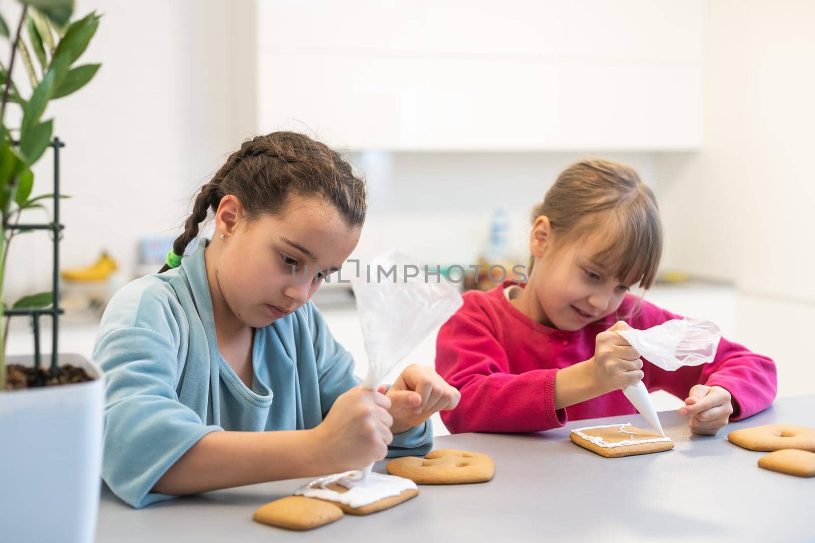 two beautiful sisters decorate and eat delicious cakes at a wooden table.