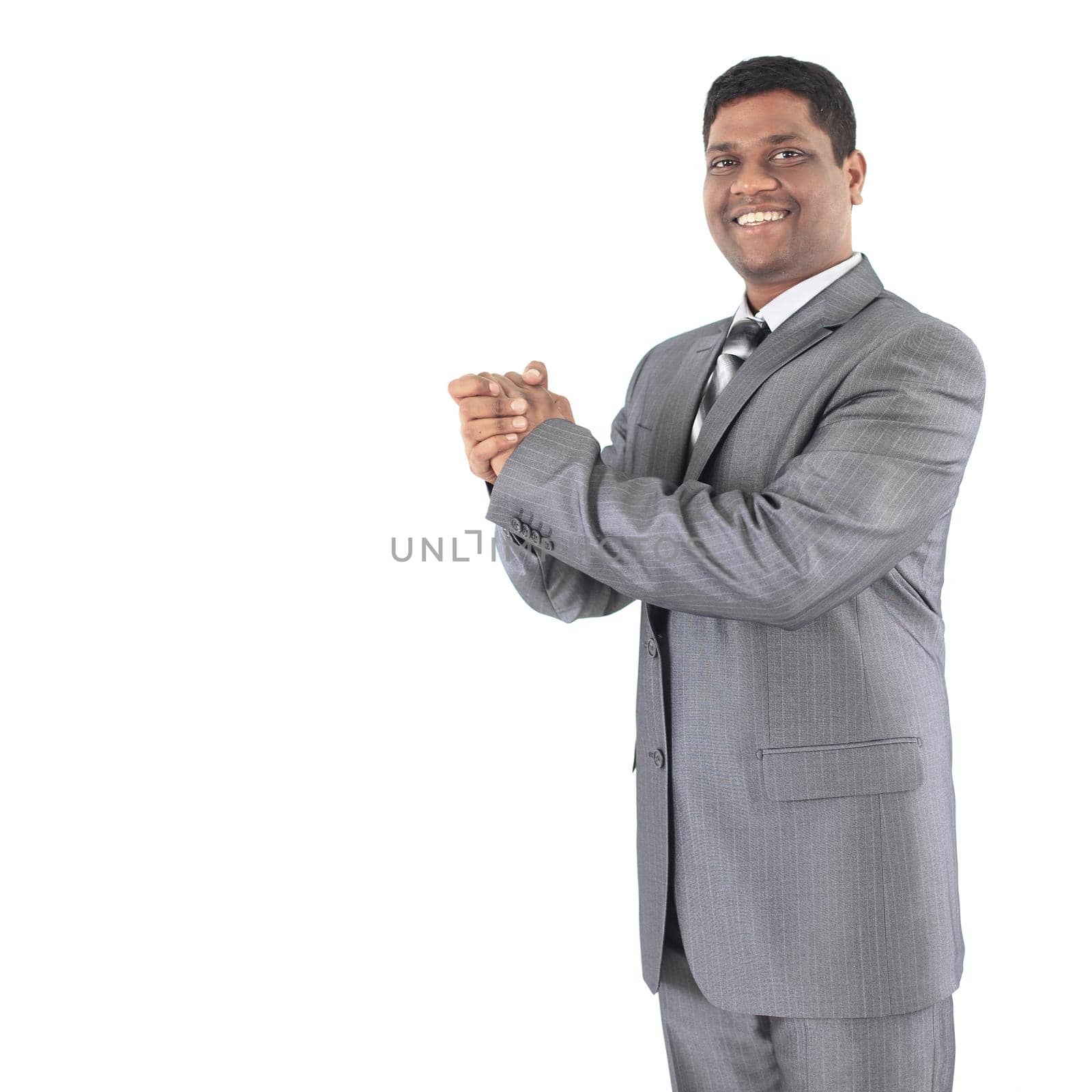 Portrait of a good looking African American business man against white background