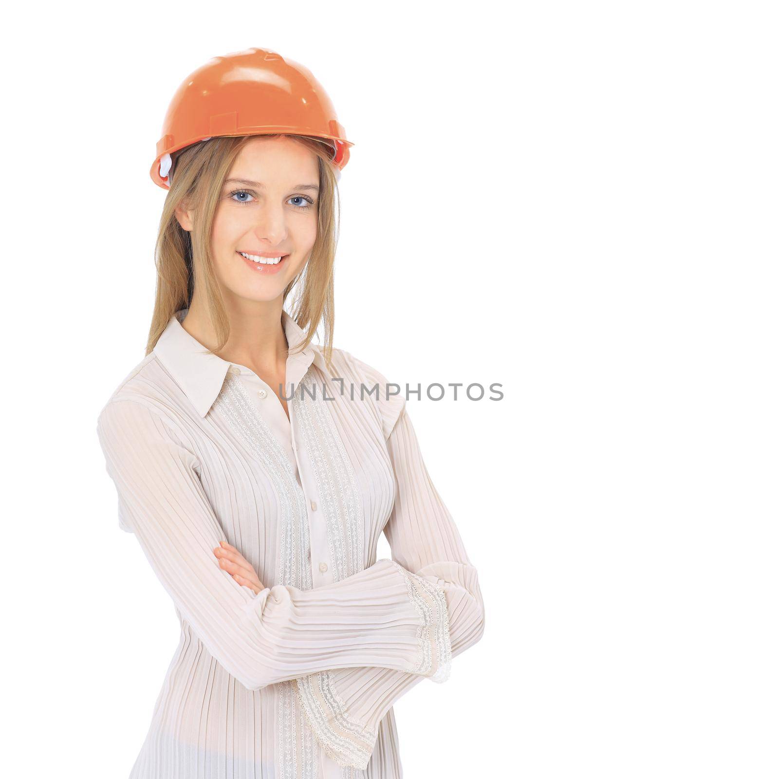 A woman engineer in helmet with copy space for text