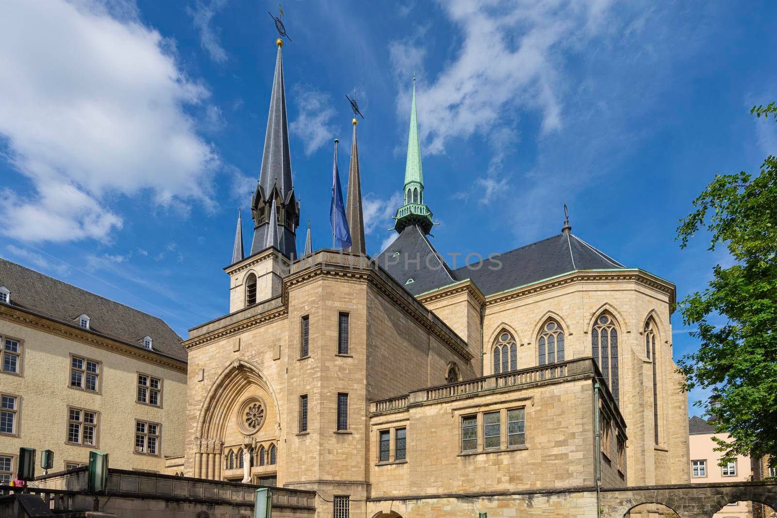 Luxembourg city, May 2022.  Detail exterior view of Notre-Dame Cathedral in the city center 