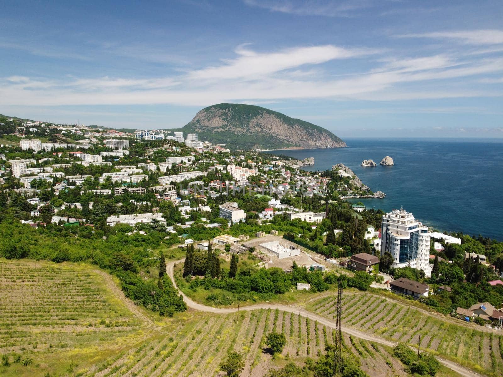 Black Sea coast near Gurzuf resort village in Crimea with Ayu-Dag mountain in the background,