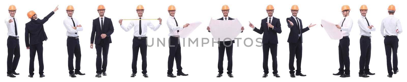 panoramic photo collage of confident architect isolated on white background