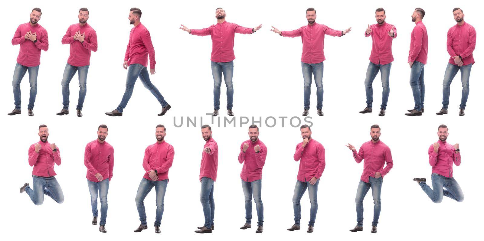 collage of photos of an emotional man in a red shirt. isolated on a white background