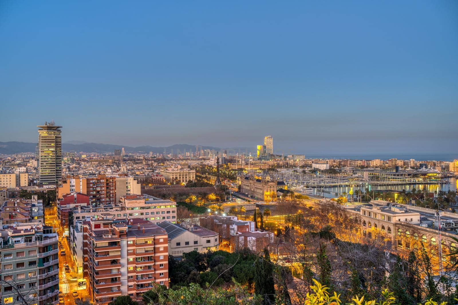 View over downtown Barcelona from Montjuic mountain at dusk