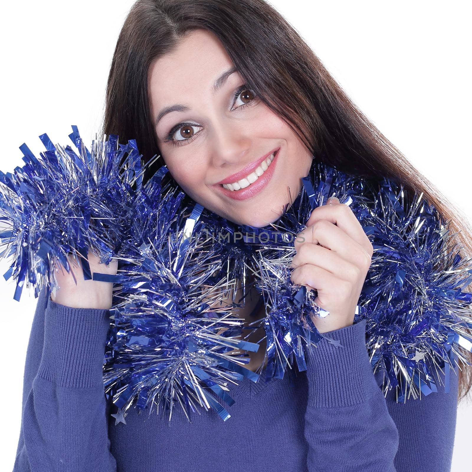 closeup.pretty girl with Christmas tinsel .isolated on white background