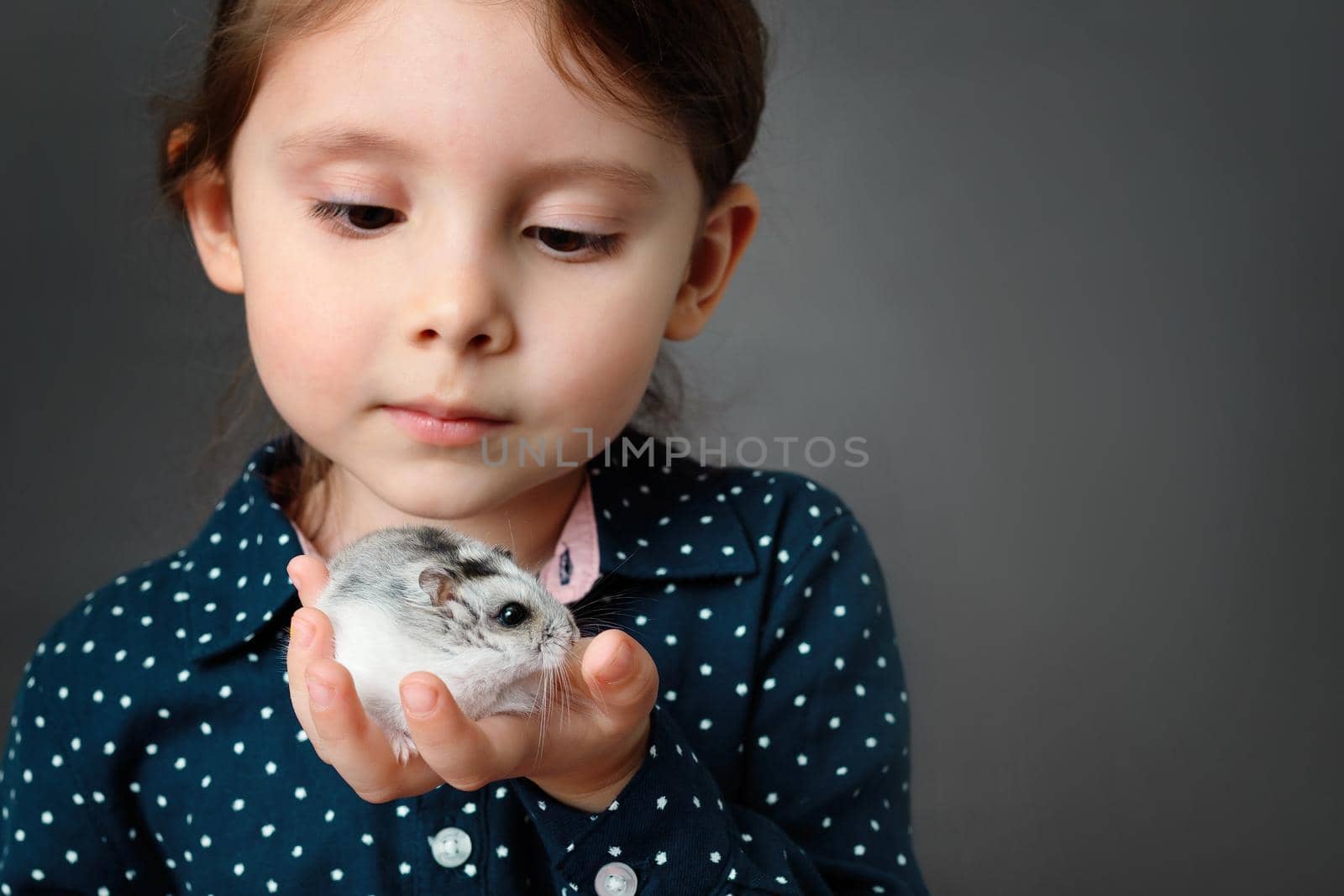 Little cute girl holding and look at her hamster in palms. Selective soft focus.