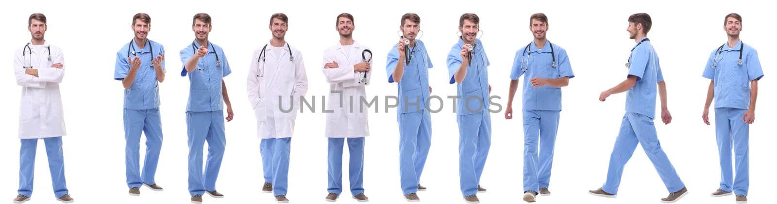 panoramic collage group of medical doctors . isolated on white background